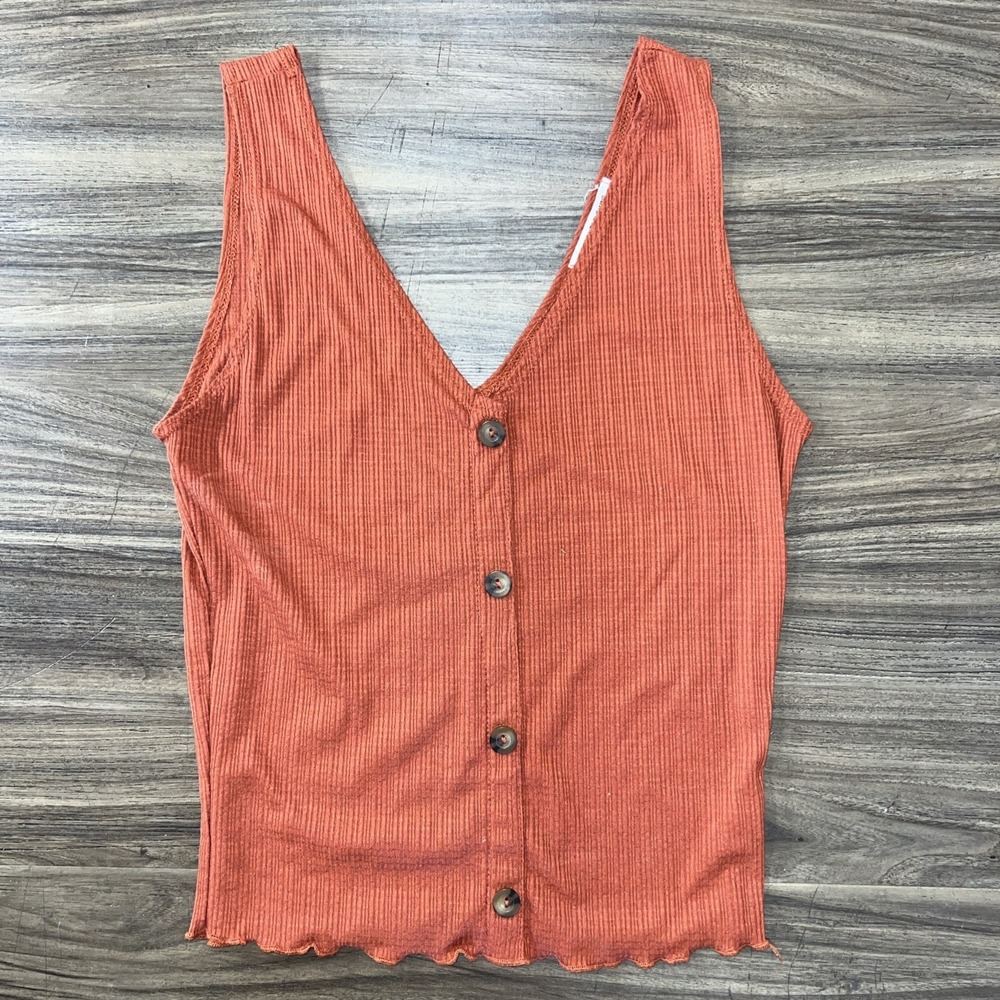Caution To The Wind Tank Top Rust Sleeveless V Neck Ribbed Buttons Small - Picture 1 of 4